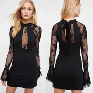 Free People Its Now or Never Skater Black Mini Lace Sleeve Size L Dark Romantic